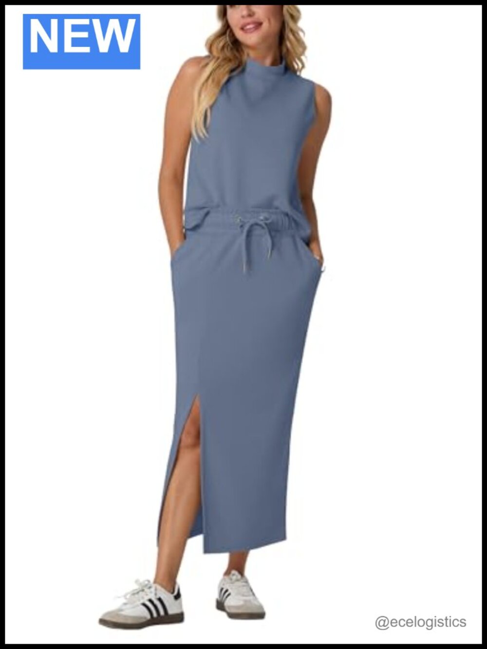 Women's 2-Piece Skirt Set Mock Neck Sleeveless Top Midi Skirt Side Pockets